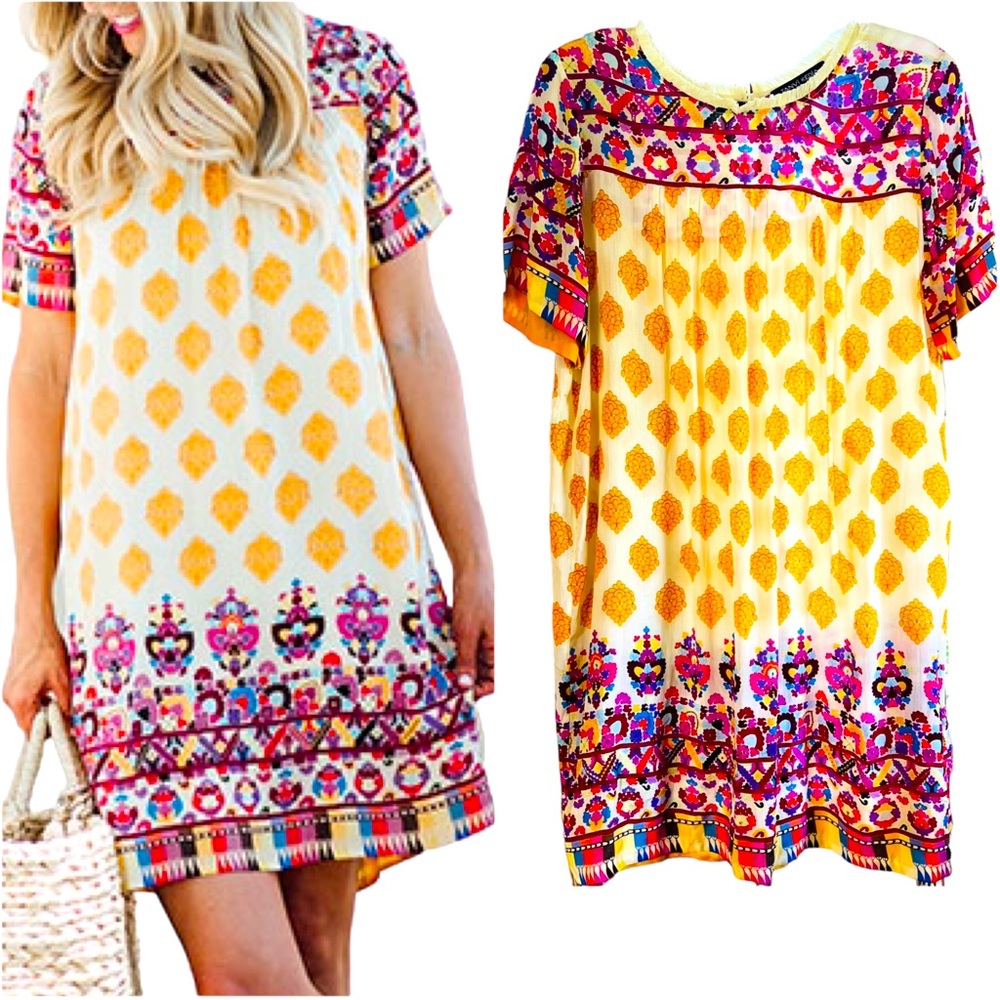Boho Floral Border Yellow Shift Dress
